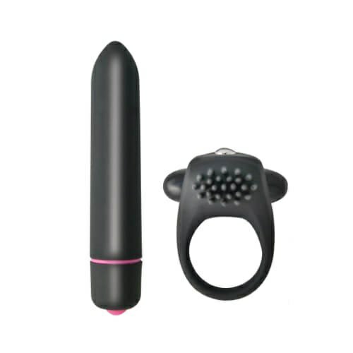 Vibrating Cockring And 10 Function Bullet Couples Kit Black | Bullets and Eggs Bullet Vibrators Black